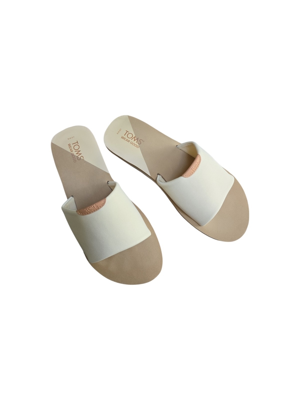Toms Cream and Tan Slides Size 9